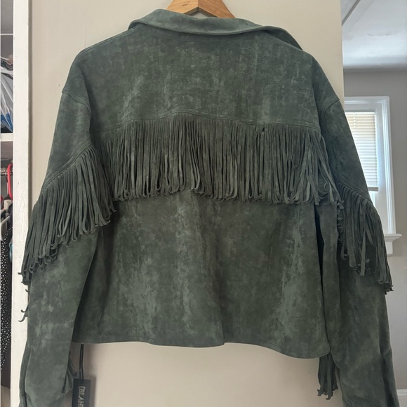 NWT Free People Twist and Shout Vegan Fringe Jacket Sz Large Olive Branch - Picture 5 of 7